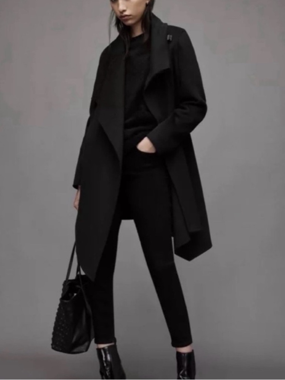 All Saints | Funnel neck black cape coat